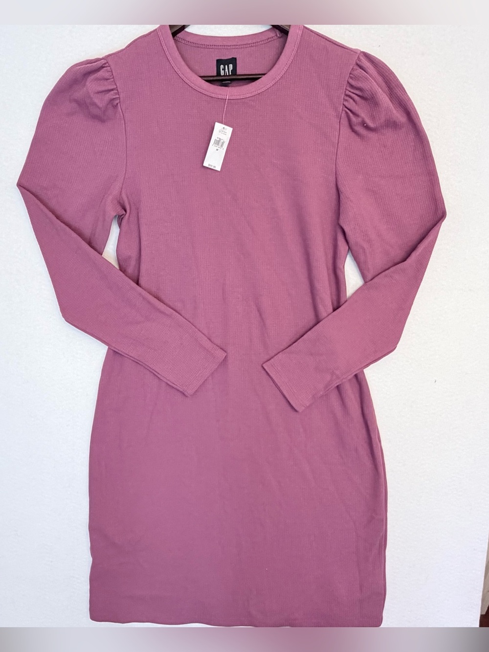Gap NWT Puff Sleeve Waffle Knit Mini Dress Mauve Pink M Fall